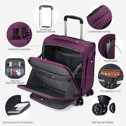 Underseater Carry-On Luggage Airline Approved with Spinner Wheels, 16 Inch Luggage with TSA Lock, Overnight Rolling Softside Suitcases for Women,Purple - color: Purple, size: Underseat 16 inch