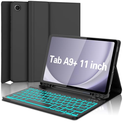 Keyboard Case for Galaxy Tab A9 Plus 5G 11 Inch 2023 (SM-X210/X216/X218), 7 Color Backlit Detachable Tablet Keyboard Cover with S Pen Holder for Samsung Galaxy Tab A9+ 11" (Black) - color: Black