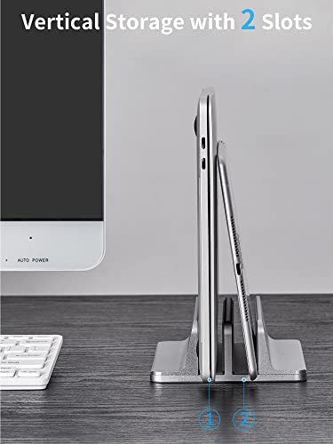 JARLINK Vertical Laptop Stand Holder, Aluminum Double Desktop Stand Holder with Adjustable Dock (Up to 17.3 inch), Compatible with MacBook, Surface, Chromebook, and Gaming Laptops, Grey - color: Grey, size: 2-slot