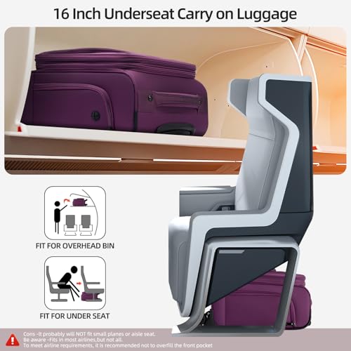 Underseater Carry-On Luggage Airline Approved with Spinner Wheels, 16 Inch Luggage with TSA Lock, Overnight Rolling Softside Suitcases for Women,Purple - color: Purple, size: Underseat 16 inch