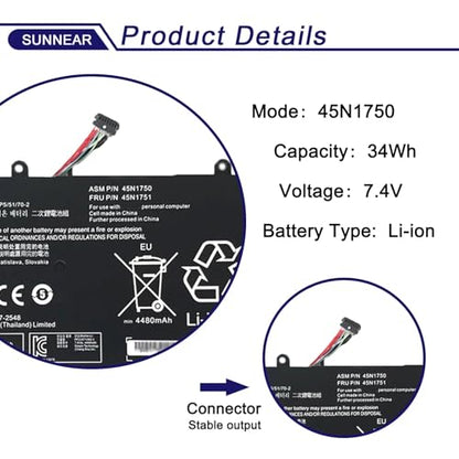 45N1750 45N1751 Laptop Battery for Lenovo ThinkPad Yoga 11e 45N1748 | 7.4V 34Wh 4600mAh; Battery Replacement for Lenovo ThinkPad Yoga 11e 20D9 20DA 20E6 20E8 20ED 20EE; 45N1749 - size: 8.74*5.24*1.26 inches 45N1750
