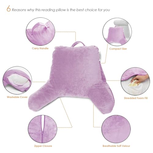 Nestl Reading Pillow with Portable Laptop Lap Desk, Velvet Feel Back Pillow for Sitting in Bed, Shredded Memory Foam Back Support Pillow for Bed, Bed Rest Pillow with Arms, Small - Lavender
