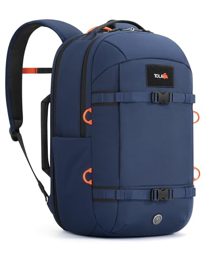 Tolaccea 30L Travel Laptop Backpack TSA Carry-On for Business Trips Commute | 100% RPET Recycled Fabric | EVA-cushioned Laptop Protection | TSA 180° Lay-flat Opening | Reinforced Stability Base Panel - color: Navy