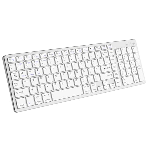Ultra Slim Wireless Bluetooth Keyboard Rechargeable, 4-Device Free Switching (2.4G+BT) Full Size Keyboard, Quiet Typing, for PC/Laptop/Smart TV/IPad/Phone,Silver Aluminum Finish,12 Multimedia Keys - color: White (102-Key)-Upgraded, size: 102-Key