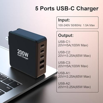 200W USB C Charger, 5 Ports GaN Fast Charger, PD100W USB C Desktop Charging Station for iPhone 16 15, MacBook Pro/Air, Galaxy S24 S23 and More