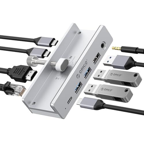 ORICO Clip Docking Station, 8-in-1 Clamp USB C Hub with 4K@60Hz HDMI, 100W PD, Gigabit Ethernet, 4xUSB Port, AUX, 10Gbps Clamp Docking Station for Laptop, MacBook, PC (Adapter Not Included) - color: Silver