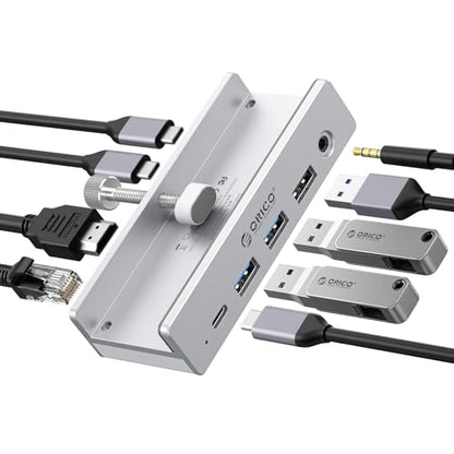 ORICO Clip Docking Station, 8-in-1 Clamp USB C Hub with 4K@60Hz HDMI, 100W PD, Gigabit Ethernet, 4xUSB Port, AUX, 10Gbps Clamp Docking Station for Laptop, MacBook, PC (Adapter Not Included) - color: Silver