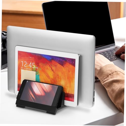 KALLORY Laptop Vertical Stand Adjustable Tablet Holder with Padded Nonslip Base Desk Space Organizer for Efficient Workspace Dual Slots to Maximize Office Desk Clutter