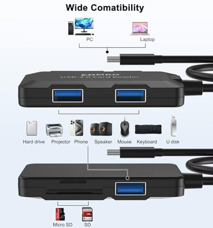 5 in 1 USB Hub with SD/TF Card Reader, USB Extender with 3 USB-A Ports for Laptop, PC, Desktop, Mouse, Keyboard, Projector and More(Black/3.3FT Cable)