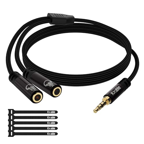 1/8inch Aux Headphone Splitter 2 Way Cable 3FT, 3.5mm 4-Pole Male to 2-Female Port Mic and Audio Stereo Y TRRS Adapter, Compatible with Headset Earphone PS4 Xbox PC Laptop MP3 players Phone Tablet - size: 3FT