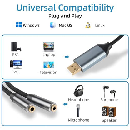 USB to 3.5mm Audio Jack Adapter, TRRS USB to AUX Audio Jack External Stereo Sound Card for Headphone, Speaker, MAC,PS5, PC, Laptop, Desktops...