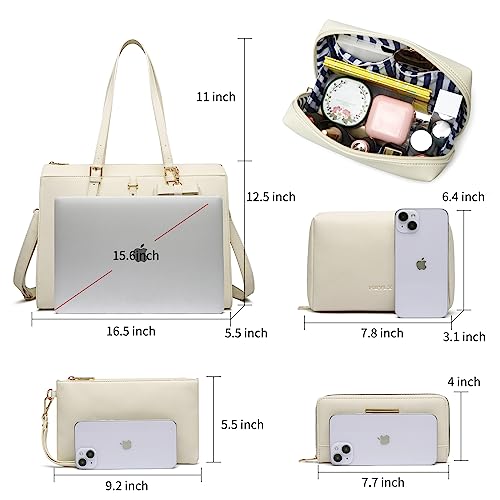 Keyli 4pc Sets Laptop Bag for Women Large Leather Laptop Briefcase with USB Charging Port Computer Shoulder tote Bags Purse - color: Khaki