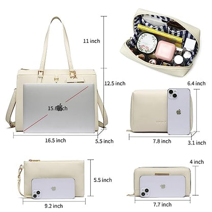 Keyli 4pc Sets Laptop Bag for Women Large Leather Laptop Briefcase with USB Charging Port Computer Shoulder tote Bags Purse - color: Khaki