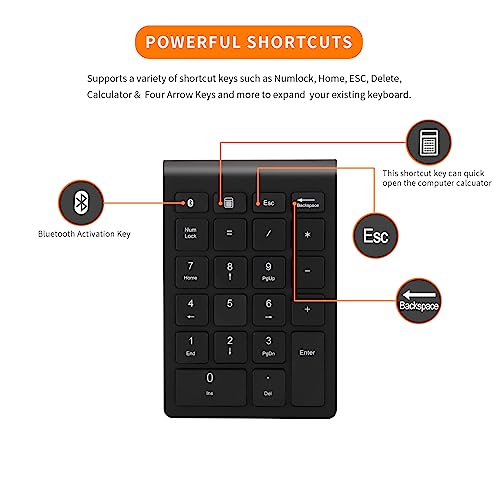 Gugxiom Bluetooth Number Pad,22 Keys Portable Mini Financial Accounting Numeric Keypad，Bluetooth 5.0 10 Key Numeric Keypad for Laptop/Desktop/PC/Notebook(Black) - color: Black