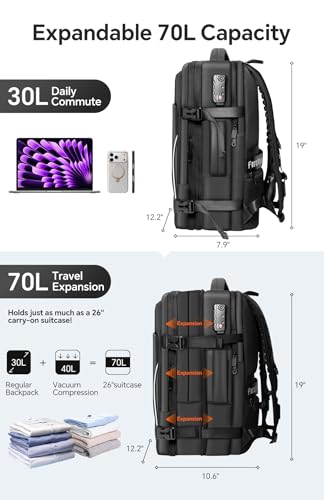 70L Travel Backpack with Vacuum Compression System | 70L Vacuum Backpack, 2 Detachable TPU Bags, TSA Lock, Fits 16" Laptop, Water-Resistant Travel & Business