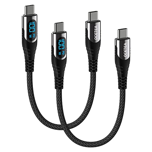 [2-Pack, 1ft] USB C to USB C Cable (100W 5A), USB C Cable with LED Display, New Nylon Type C Charger Cable Fast Charging for MacBook Pro, iPad Pro Air mini, Samsung Galaxy S22, Switch, Pixel - size: 1Ft+1Ft