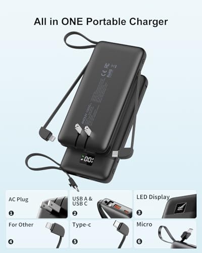 Portable Charger 10000mAh Power Bank w/Built-in 3 Cables & AC Wall Plug | 22.5W Fast Charging, Pass Through Charging, 0.68in Ultra Slim, TSA Approved, Travel Essential for iPhone/Samsung/iPad, Black - color: Black
