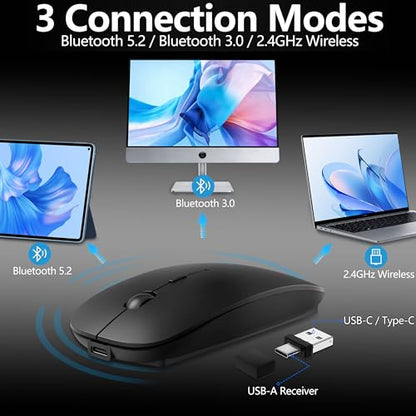 Wireless Mouse for MacBook & iPad, Bluetooth 5.2/3.0 & 2.4G USB-C/USB-A, Rechargeable Silent Slim Mouse with Multi-Device Switching & Activity Mode to Prevent Screen Lock - Black - color: Black
