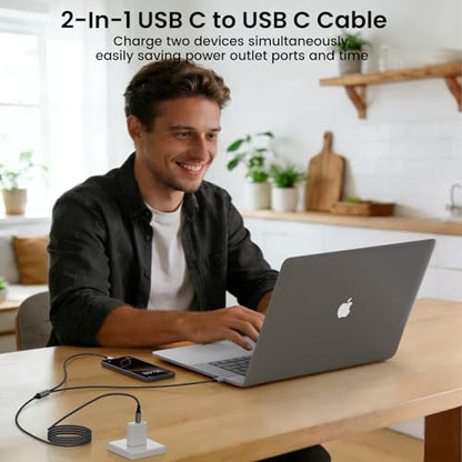 2 in 1 USB C to Dual USB C Charging & Data Cable 5FT 100W Max, 2 in 1 USB C Fast Charging Data Cable for iPhone 17/17Pro Max/16/15 Series, MacBook Air/Pro, iPad, Laptops, Samsung Galaxy Series