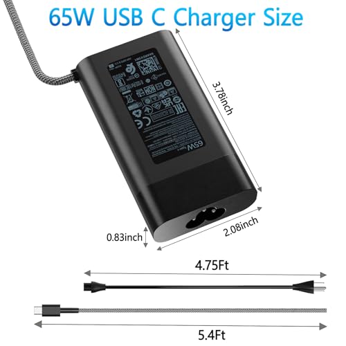 65W Type C Charger Fit for HP Envy Chromebook Spectre x360 Omnibook Laptop | New Slim, PD Fast Charging, Universal, Travel, 45W USB C AC Adapter For Elitebook Pavilion Elite x2 20V 3.25A Power Supply