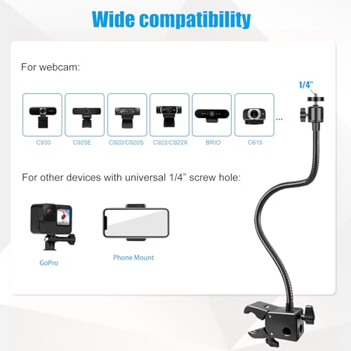Webcam Stand, Webcam Mount Gooseneck Arm with Phone Holder Web Camera Stand Desk Mount Clip Clamp for Logitech Webcams C922 C930e C920S C920 C615 C960 C920x BRIO 4K NexiGo N60 and More