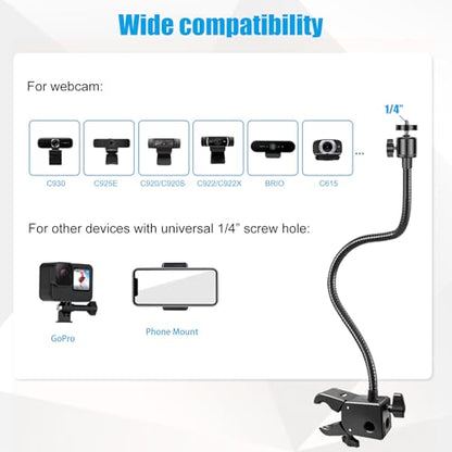 Webcam Stand, Webcam Mount Gooseneck Arm with Phone Holder Web Camera Stand Desk Mount Clip Clamp for Logitech Webcams C922 C930e C920S C920 C615 C960 C920x BRIO 4K NexiGo N60 and More