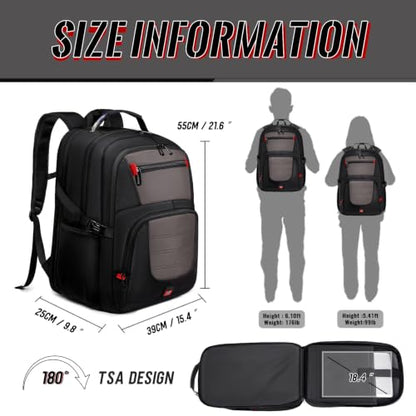 55L Gaming Laptop Backpack, Fits 18.4-19" Laptop, Grey | 180° TSA-Friendly Carry On Design with Padded Laptop Compartment, Water-Resistant, Adjustable Strap, Handle for Men Women - color: Grey, size: 18.4 Inch（21.6"x15.4"x9.8"）