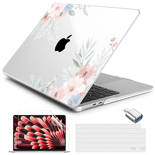 Batianda LumiArt Case for MacBook Air 13.6" M2-M5 Chip, Pastel Floral | 4-in-1 set with soft pastel floral design, lightweight slim hard shell protection for students, travelers and nature lovers - color: Cute flowers