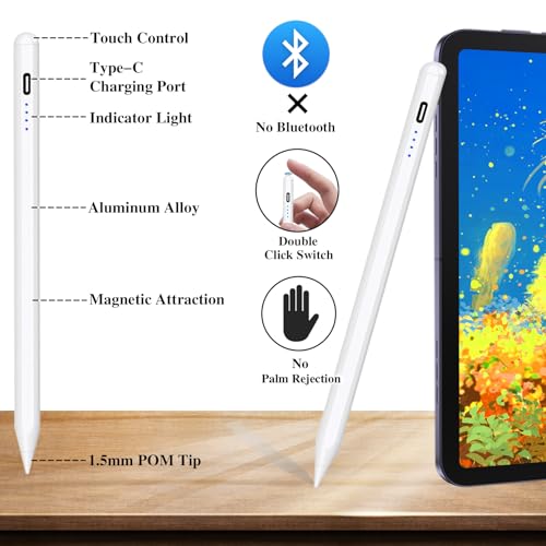 Active Stylus Pens for Touch Screens Rechargeable Tablet Pen POM Tip | Magnetic iPad Pencil Stylus Pen for iPad/Pro/Air/Mini/iPhone and Other Smartphone Device-White