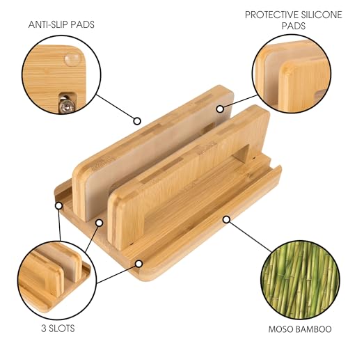 S&A WOODCRAFT 3 Slots Bamboo Wood Vertical Laptop Stand, Adjustable Wooden Laptop Holder, Non-Slip Laptop Dock Compatible with Apple MacBook, Microsoft Surface, Gaming Laptops, IPad, Tablets - color: Natural Bamboo, size: 3 Slots