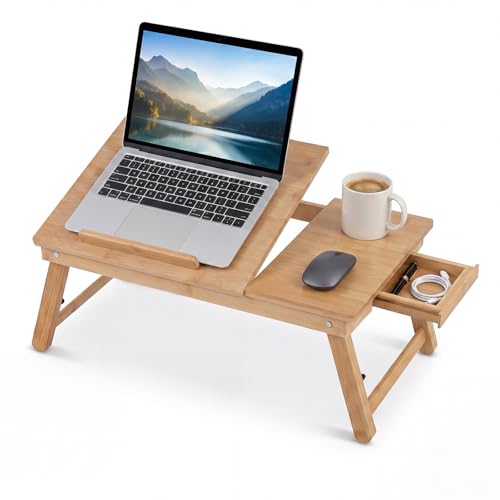 Giantex Bamboo Laptop Desk for Bed, Height & Angle Adjustable Foldable Bed Tray with Tilting Top Drawer and Ventilation Holes, Portable Laptop Stand Bed Desk for Working Reading Writing Breakfast - color: Natural