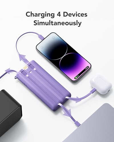 VRURC Portable Charger Power Bank - 20000mah Fast Charging PD 22.5W Power Battery 5 Output 3 Input Design 4 Cable USB Charging Compatible for iPhone Samsung Android Google LED Display - color: Purple