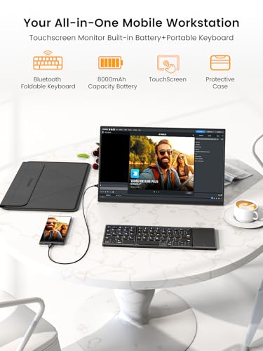 UPERFECT 15.6'' 1080P Touchscreen Portable Monitor with Battery 8000mAh | 125% sRGB Travel Monitor with Bluetooth Keyboard, Kickstand, Bag, VESA, Ultra-Slim External Screen for Laptop, PC, Phone - size: 15.6-inch
