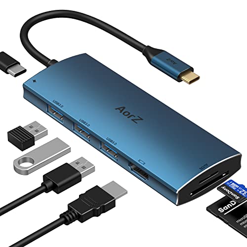 USB C Hub, USB Hub to HDMI Multiport AorZ USB c Dongle Adapter 7 in 1 with 4K HDMI Output,3 USB 3.0 Ports,SD/Micro SD Card Reader,100W PD, Compatible with Macbook,XPS and More Type C Device(Deep Blue) - color: Deep Blue