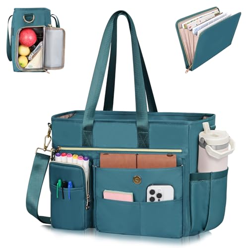 ESTARER Teacher Tote Bag for Women 2Pcs,15.6 Inch Laptop Work Bag Computer bag w/Expandable File Folder, Large Water-Resistant Messenger Handbags w/Insulated Pocket for Office/Travel/College, Teal - color: Teal, size: 15.6