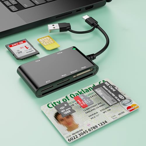 Multi 6 in 1 USB A/USB C Dual Connector for CAC/ID IC Card/SIM/SD/Micro SD/MS/M2, DOD Military USB Common Access CAC Reader Type C Smart Card Reader with Windows/Mac OS for iPhone 16/iPad/Mac/Laptop