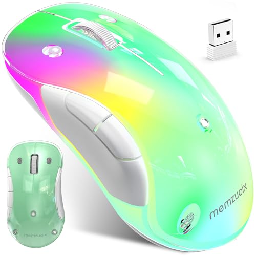 memzuoix 2.4G LED Wireless Mouse, Rechargeable Ergonomic Mouse with Detachable Cover, 1400 DPI Portable Optical Computer Mouse with USB Receiver for Laptop, PC, Desktop and MacBook, 5 Buttons-Green - color: Green