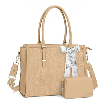 MOSISO Laptop Bag for Women, 15.6-16 inch PU Leather Tote Bag | Compatible with MacBook, HP,Dell,Asus, Front Embossed Retro Hibiscus Computer Bags with Silk Scarf&Clutch Purse, Apricot - color: Apricot, size: 16 inch