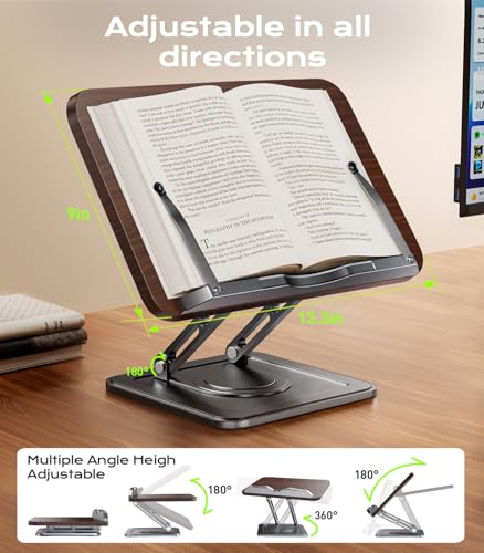 Book Stand for Reading, Adjustable Book Holder with 360°Rotating Bases, Ergonomic Cookbook Stand Recipe Book Holder with Elastic Page Clips for Magazines, Tablets, Laptops,Black - color: Black