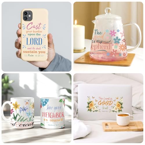 UV DTF Cup Wraps Transfer Stickers Bible and Flowers Pattern, 10 Sheets Waterproof Custom Vinyl Transfer Sticker 16oz Coffee Glass Cup Tumbler Bottle Mug Decals for Men Women | Waterproof UV DTF Stickers, Custom Vinyl Decals for 16oz Coffee Cups Tumblers