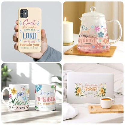 UV DTF Cup Wraps Transfer Stickers Bible and Flowers Pattern, 10 Sheets Waterproof Custom Vinyl Transfer Sticker 16oz Coffee Glass Cup Tumbler Bottle Mug Decals for Men Women | Waterproof UV DTF Stickers, Custom Vinyl Decals for 16oz Coffee Cups Tumblers