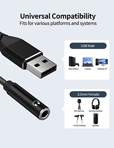 ASKUBSKU USB to 3.5mm External Stereo Sound Card [5.11inch] | Built-in Chip USB to Headphone Aux Converter Male USBA to Audio Jack Adapter TRRS 4-Pole for Headset Mic PC Laptop