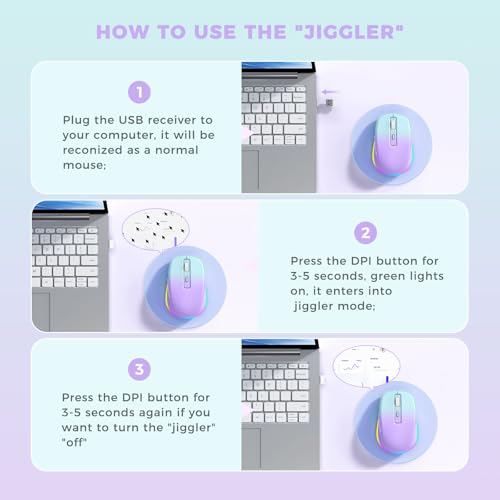 PEIOUS Wireless Mouse Jiggler - LED Wireless Mice with Build-in Mouse Mover, Rechargeable Moving Mouse for Laptop with Undetectable Random Movement Keeps Computers Awake - Purple to Green - color: Purple to Green