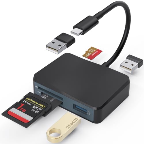 SD Card Reader, Memory Card Reader for iPhone 17 with USB to USB-C Adapter | 5-in-1 USB-C Card Reader with SD/MicroSD/MS slots, Dual USB-A ports for iPhone 17/16/15, iPad, Android, MacBook - color: Black