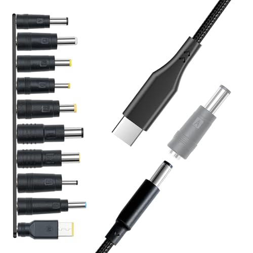 Universal Charger Supply 100W PD Power Cable, USB C to DC Adapters 10PCS Power Plug Kit, 5.5x2.1mm Round Barrel Jack for Sony Toshiba Samsung Acer Asus Lenovo Dell HP Laptop Charging Connector Tips