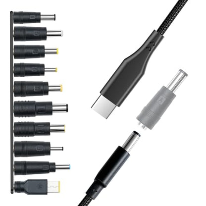 Universal Charger Supply 100W PD Power Cable, USB C to DC Adapters 10PCS Power Plug Kit, 5.5x2.1mm Round Barrel Jack for Sony Toshiba Samsung Acer Asus Lenovo Dell HP Laptop Charging Connector Tips