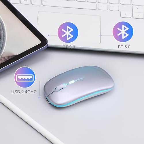 Wireless Bluetooth Mouse Rechargeable Long Lasting Dual Mode - BT 5.2 & 2.4G Silent RGB LED Mice, Slim Portable Ergonomic Mouse for Laptop/PC/Tablet/MacBook/iPad/Apple Devices (Silver) - color: Silver