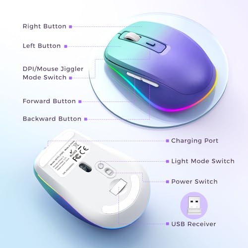 PEIOUS Wireless Mouse Jiggler, LED Mouse with Built-in Mouse Mover, Purple | Rechargeable, Silent Clicks, Adjustable DPI and Random Movement Keep Computers Awake for Work-Life Balance on Laptop/PC/Mac - color: Gradient Purple