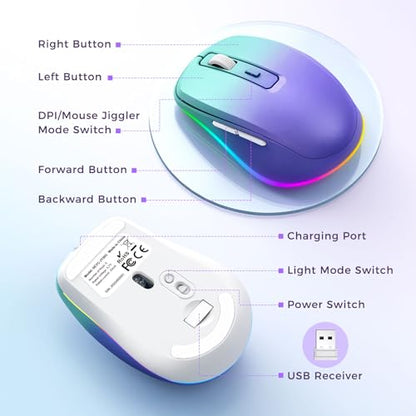 PEIOUS Wireless Mouse Jiggler, LED Mouse with Built-in Mouse Mover, Purple | Rechargeable, Silent Clicks, Adjustable DPI and Random Movement Keep Computers Awake for Work-Life Balance on Laptop/PC/Mac - color: Gradient Purple