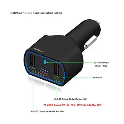 BatPower High Power Delivery 120W USB-C Laptop Car Charger Compatible with Surface Book Laptop 4 3 Pro 10 9 8 X 7 HP Razer Dell USB-C Laptop Vehicle Charger DC 12v-24v Auto Charger - color: Black